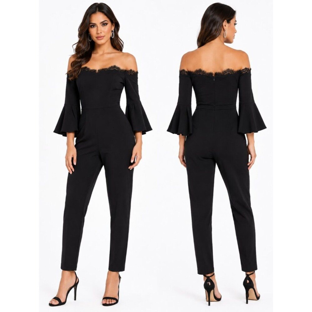 Adrianna Papell Lace Off Shoulder Bell Sleeve Jumpsuit Women Black Size 8